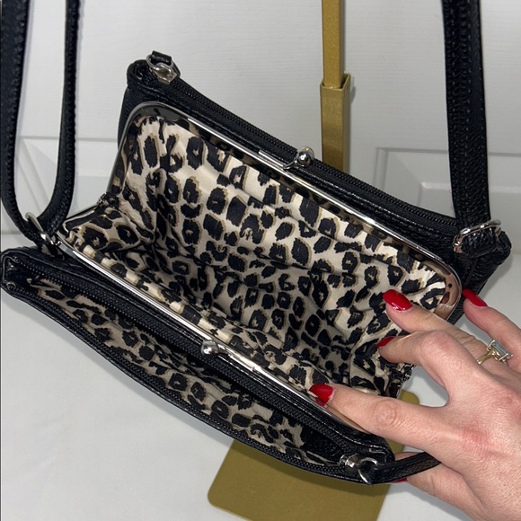 Nine West Black Two Way Bag Silver Kisslock and Leopard Print Interior GUC - Picture 4 of 15